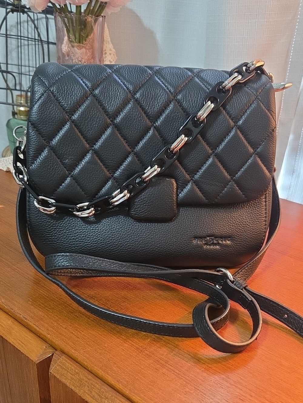 Frederic Paris Quilted Black Leather Crossbody Bag with Chain Accent
